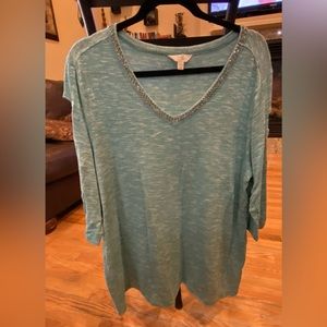 Terra & Sky 1XL turquoise sweater, lattice, three-quarter sleeve (#65)